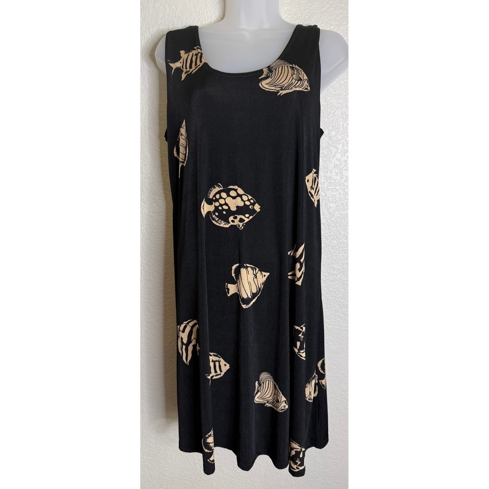 Jostar Womens Medium Tank Dress Black Tan Tropical Fish‎ Print Sleeveless USA